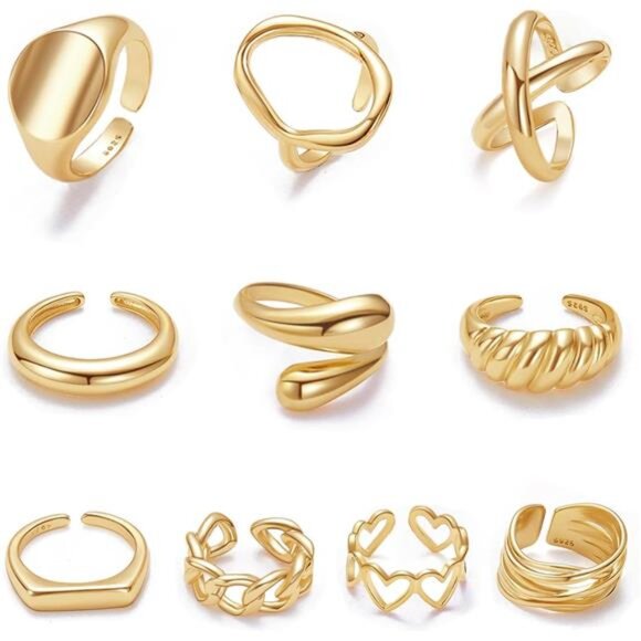 10PCS Gold Dome Chunky Rings for Women - 18K Gold Plated - Picture 1 of 7